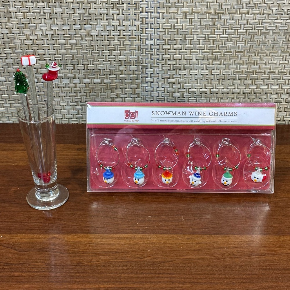 🎄VTG Hand-Blown Glass Set 3 Christmas Drink Swizzle Sticks/6 Snowman Wine Charms